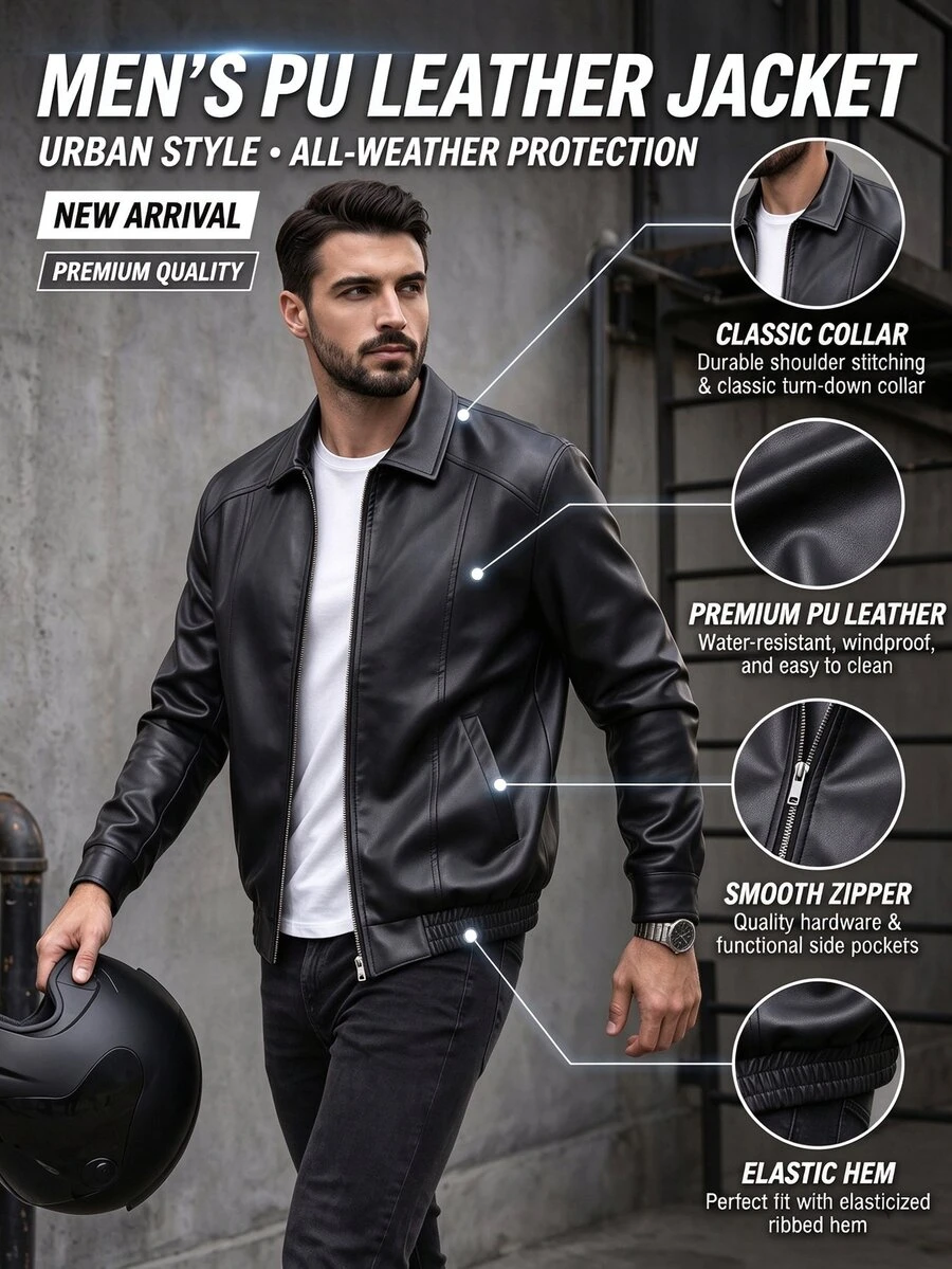 Manfinity CasualCool Men's Motorcycle Leather Jacket, Fleece Lining, Winter New Arrival Going Out Rave Black Casual Streetwear - Black - View 1