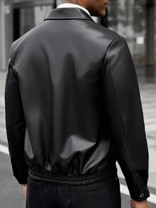 Manfinity CasualCool Men's Motorcycle Leather Jacket, Fleece Lining, Winter New Arrival Going Out Rave Black Casual Streetwear - Black - View 2