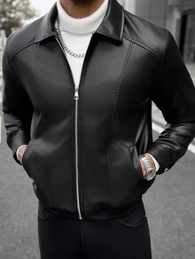 Manfinity CasualCool Men's Motorcycle Leather Jacket, Fleece Lining, Winter New Arrival Going Out Rave Black Casual Streetwear - Black - View 5