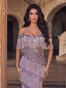 Glamrae Elegant Luxurious Beaded Embroidered Tassel Fitted Mermaid Dress With Slim Arms And Off-Shoulder Design, Suitable For Wedding, Single Party, Vacation, Holiday, Gathering, Music Festival, Evening Party (Heavy Workmanship Style) - Purple - View 9