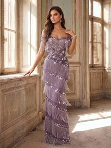 Glamrae Elegant Luxurious Beaded Embroidered Tassel Fitted Mermaid Dress With Slim Arms And Off-Shoulder Design, Suitable For Wedding, Single Party, Vacation, Holiday, Gathering, Music Festival, Evening Party (Heavy Workmanship Style) - Purple - View 4