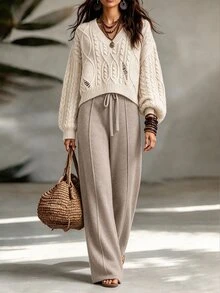SHEIN Women Fall Winter Cable Knit Drop Shoulder Lantern Sleeve Sweater Drawstring Loose Wide Leg Pants Two Pieces Set Casual Office Brunch White Beige - Khaki - View 4