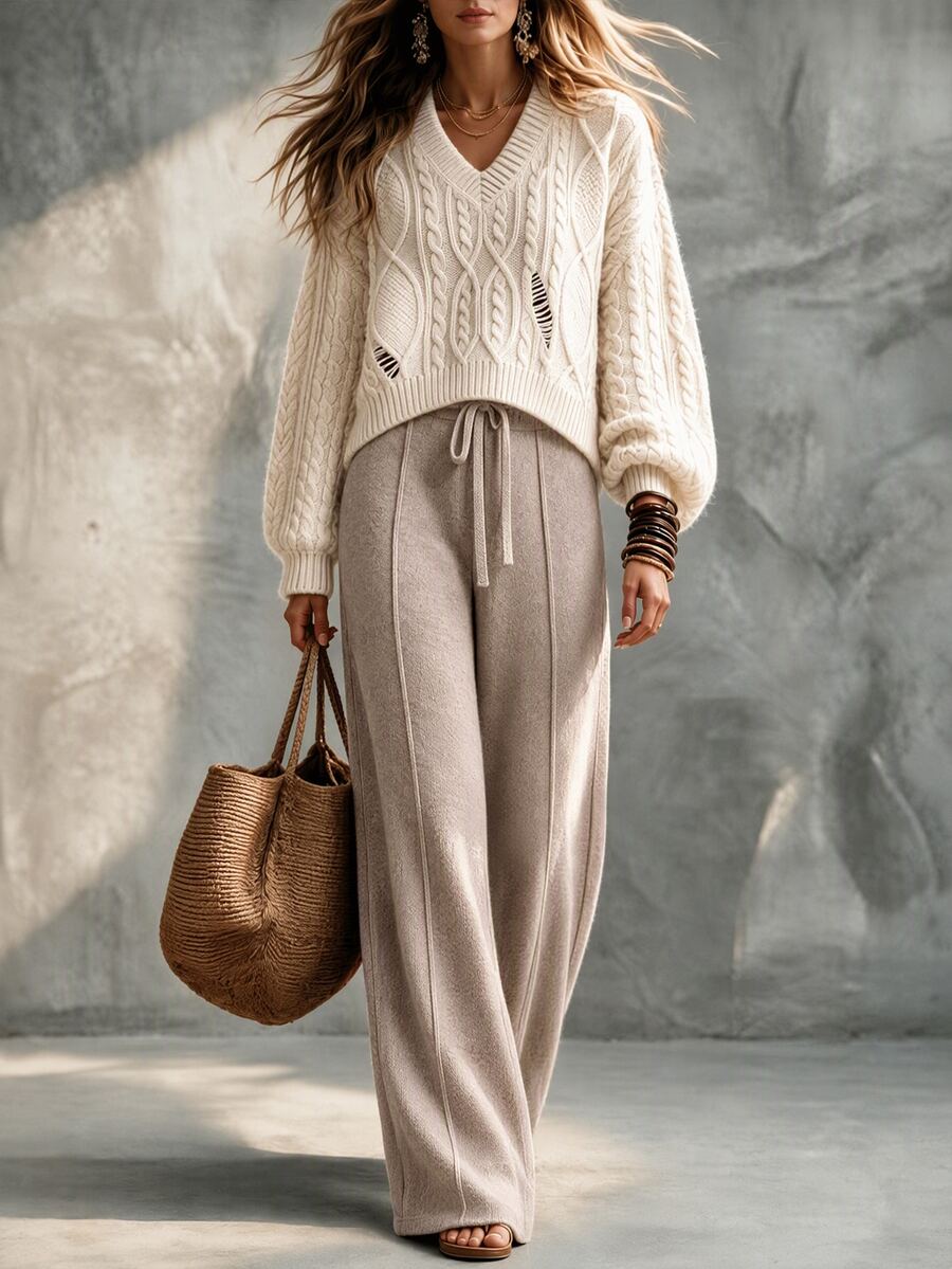 SHEIN Women Fall Winter Cable Knit Drop Shoulder Lantern Sleeve Sweater Drawstring Loose Wide Leg Pants Two Pieces Set Casual Office Brunch White Beige