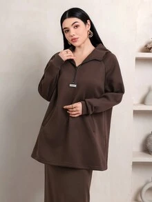 Veilorie Women's Letter Print Zipper Half-Placket Raglan Long Sleeve Casual Sweatshirt - Coffee Brown - View 3