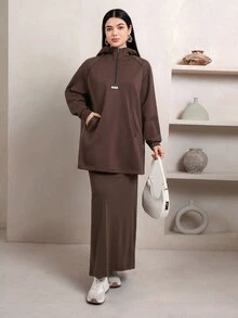Veilorie Women's Letter Print Zipper Half-Placket Raglan Long Sleeve Casual Sweatshirt - Coffee Brown - View 5