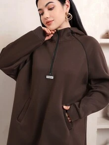 Veilorie Women's Letter Print Zipper Half-Placket Raglan Long Sleeve Casual Sweatshirt - Coffee Brown - View 8