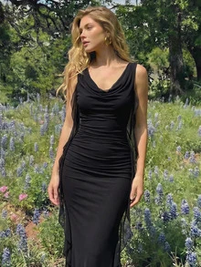 Skyraze Black Plunging Neck Flowy Tie Waist Cut Out Mid-Length Dress For Women - Black - View 1