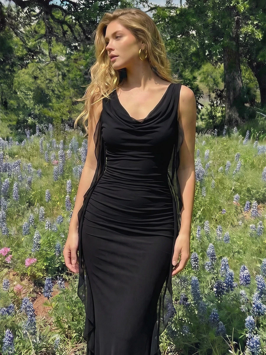 Skyraze Black Plunging Neck Flowy Tie Waist Cut Out Mid-Length Dress For Women - Black - View 1