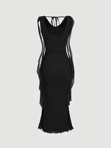 Skyraze Black Plunging Neck Flowy Tie Waist Cut Out Mid-Length Dress For Women - Black - View 4