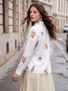 Anewsta Elegant Romantic Random Embroidered Floral Long Sleeve Design Pleated Vacation Style Faux Linen Plus Size Shirt Brunch Morning White Fall - Multicolor - View 2