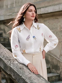 Anewsta Elegant Romantic Random Embroidered Floral Long Sleeve Design Pleated Vacation Style Faux Linen Plus Size Shirt Brunch Morning White Fall - Multicolor - View 3
