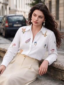 Anewsta Elegant Romantic Random Embroidered Floral Long Sleeve Design Pleated Vacation Style Faux Linen Plus Size Shirt Brunch Morning White Fall - Multicolor - View 1
