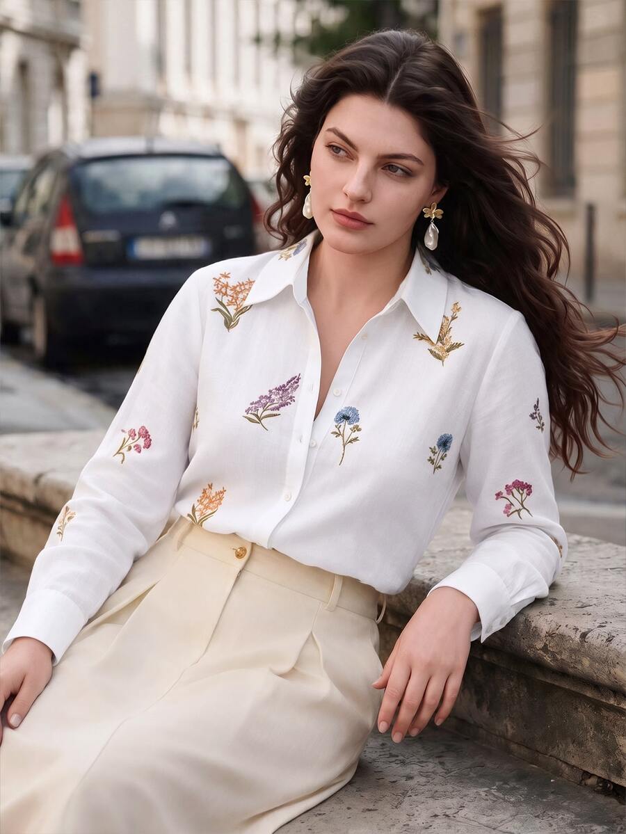 Anewsta Elegant Romantic Random Embroidered Floral Long Sleeve Design Pleated Vacation Style Faux Linen Plus Size Shirt Brunch Morning White Fall - Multicolor - View 1