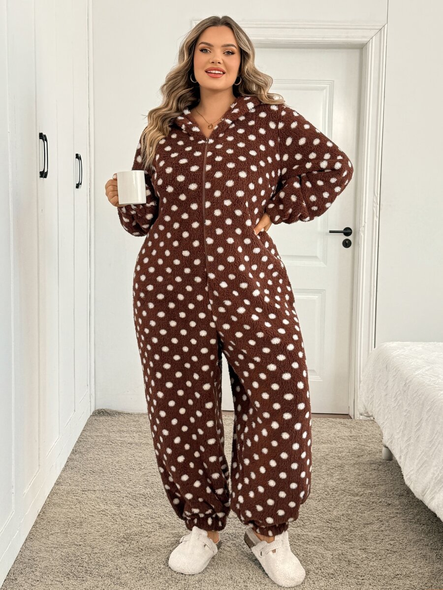 SHEIN CURVE+ بدلة خريف/شتاء مبطنة حرارياً بنقاط بنية مع بطانية رأس وأذني أرنب - متعدد الألوان - مشاهدة 1