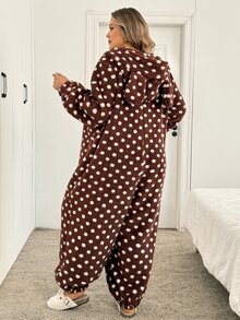 SHEIN CURVE+ بدلة خريف/شتاء مبطنة حرارياً بنقاط بنية مع بطانية رأس وأذني أرنب - متعدد الألوان - مشاهدة 2