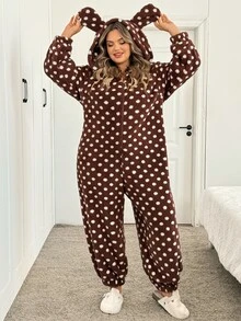 SHEIN CURVE+ بدلة خريف/شتاء مبطنة حرارياً بنقاط بنية مع بطانية رأس وأذني أرنب - متعدد الألوان - مشاهدة 5
