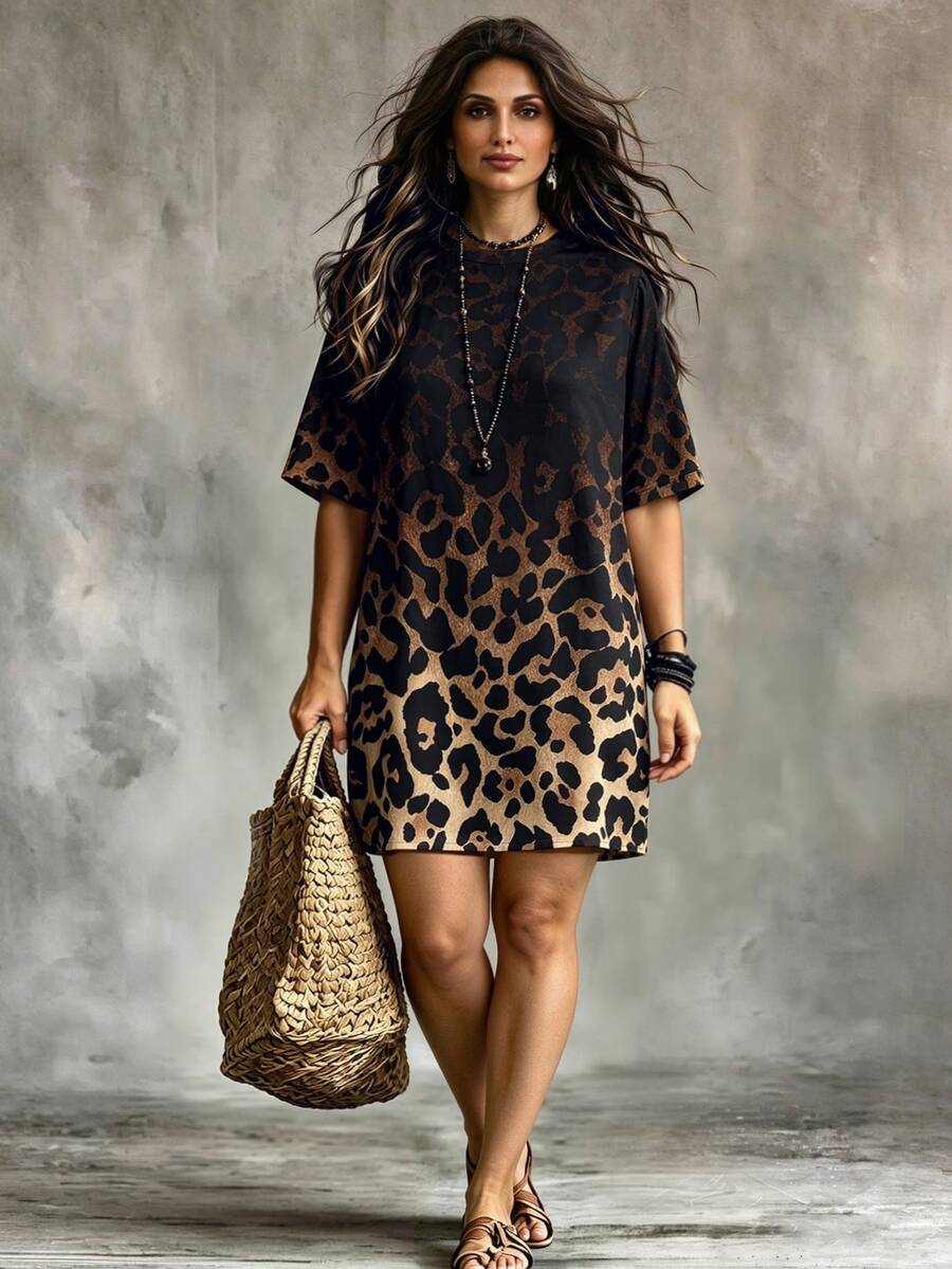 Linhara Women's Plus Size Gradient Leopard Print Tunic Dress, Crew Neck Short Sleeve Loose Shift Mini Casual Curvy Daily Straight Travel Vacation Black Summer - Multicolor - View 1