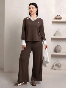 Veilorie طقم نسائي كاجوال يومي من قطعتين: ملابس علوية بأكمام طويلة بتصميم كتل لونية وبنطال - بني - مشاهدة 3