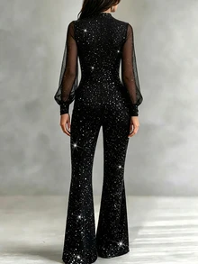 LUMIGAL Women's Autumn Cutout Design Shiny Long Sleeve Elegant Flared Jumpsuit - Black - View 2