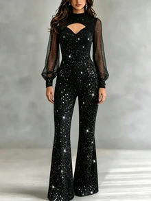 LUMIGAL Women's Autumn Cutout Design Shiny Long Sleeve Elegant Flared Jumpsuit - Black - View 8