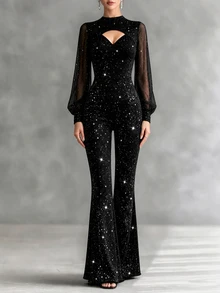 LUMIGAL Women's Autumn Cutout Design Shiny Long Sleeve Elegant Flared Jumpsuit - Black - View 3