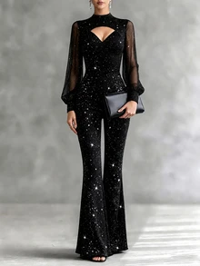 LUMIGAL Women's Autumn Cutout Design Shiny Long Sleeve Elegant Flared Jumpsuit - Black - View 1