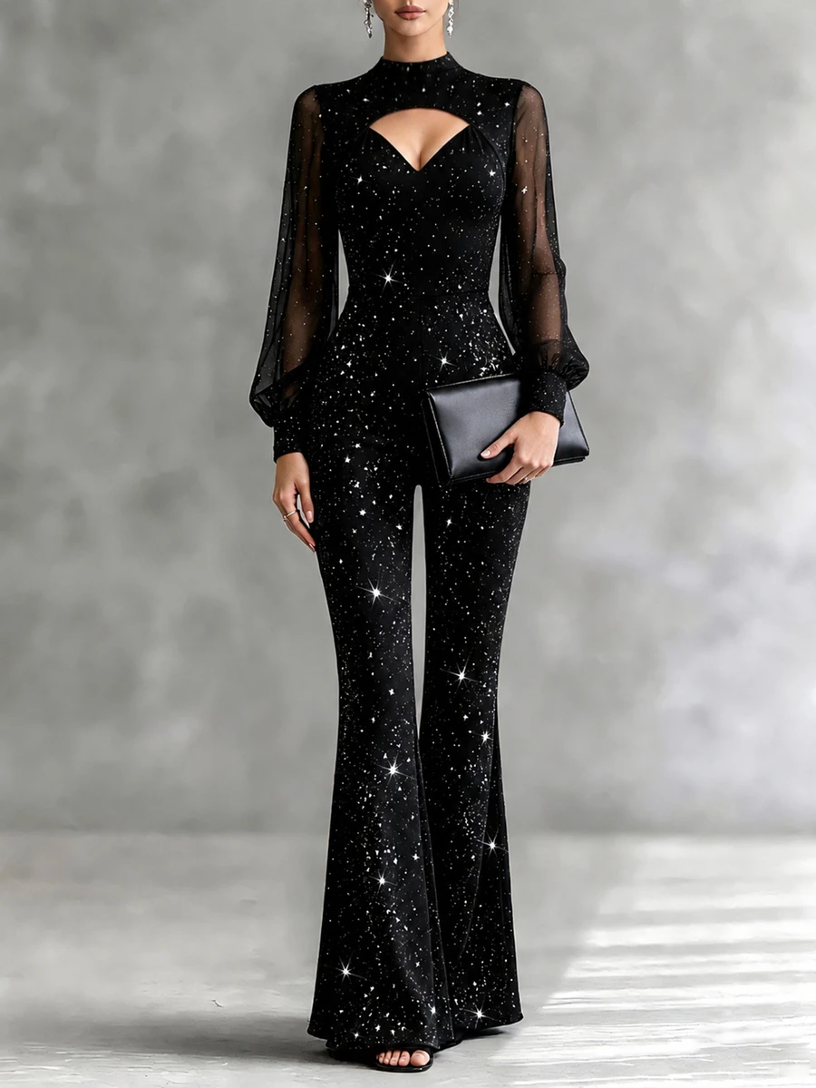 LUMIGAL Women's Autumn Cutout Design Shiny Long Sleeve Elegant Flared Jumpsuit - Black - View 1