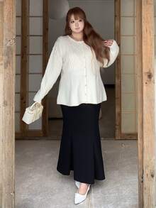 Bijouette Japanese Style Gentle Rhombus Cable Knit Plus Size Cardigan, Round Neck Exquisite Rhinestone Button Design, Waist-Cinching Ruffle Hem To Optimize Body Curves; Loose Long Sleeves Can Hide Extra Arm Fat, Soft And Thick Cable Knit Fabric Is Soft And Skin-Friendly, Loose Fit Suitable For Body Types, Versatile For Daily Wear, Easily Adaptable To Multiple Styling Styles - White - View 5