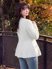 Bijouette Japanese Style Gentle Rhombus Cable Knit Plus Size Cardigan, Round Neck Exquisite Rhinestone Button Design, Waist-Cinching Ruffle Hem To Optimize Body Curves; Loose Long Sleeves Can Hide Extra Arm Fat, Soft And Thick Cable Knit Fabric Is Soft And Skin-Friendly, Loose Fit Suitable For Body Types, Versatile For Daily Wear, Easily Adaptable To Multiple Styling Styles - White - View 7