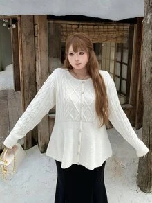 Bijouette Japanese Style Gentle Rhombus Cable Knit Plus Size Cardigan, Round Neck Exquisite Rhinestone Button Design, Waist-Cinching Ruffle Hem To Optimize Body Curves; Loose Long Sleeves Can Hide Extra Arm Fat, Soft And Thick Cable Knit Fabric Is Soft And Skin-Friendly, Loose Fit Suitable For Body Types, Versatile For Daily Wear, Easily Adaptable To Multiple Styling Styles - White - View 4