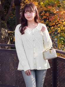 Bijouette Japanese Style Gentle Rhombus Cable Knit Plus Size Cardigan, Round Neck Exquisite Rhinestone Button Design, Waist-Cinching Ruffle Hem To Optimize Body Curves; Loose Long Sleeves Can Hide Extra Arm Fat, Soft And Thick Cable Knit Fabric Is Soft And Skin-Friendly, Loose Fit Suitable For Body Types, Versatile For Daily Wear, Easily Adaptable To Multiple Styling Styles - White - View 10