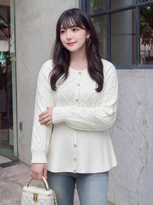 Bijouette Japanese Style Gentle Rhombus Cable Knit Plus Size Cardigan, Round Neck Exquisite Rhinestone Button Design, Waist-Cinching Ruffle Hem To Optimize Body Curves; Loose Long Sleeves Can Hide Extra Arm Fat, Soft And Thick Cable Knit Fabric Is Soft And Skin-Friendly, Loose Fit Suitable For Body Types, Versatile For Daily Wear, Easily Adaptable To Multiple Styling Styles - White - View 9