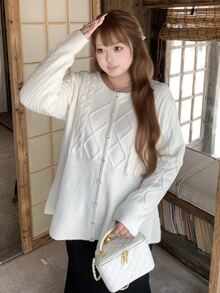 Bijouette Japanese Style Gentle Rhombus Cable Knit Plus Size Cardigan, Round Neck Exquisite Rhinestone Button Design, Waist-Cinching Ruffle Hem To Optimize Body Curves; Loose Long Sleeves Can Hide Extra Arm Fat, Soft And Thick Cable Knit Fabric Is Soft And Skin-Friendly, Loose Fit Suitable For Body Types, Versatile For Daily Wear, Easily Adaptable To Multiple Styling Styles - White - View 3
