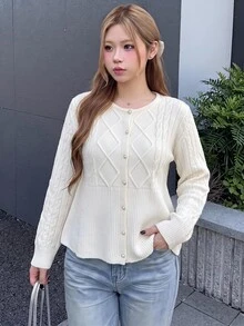 Bijouette Japanese Style Gentle Rhombus Cable Knit Plus Size Cardigan, Round Neck Exquisite Rhinestone Button Design, Waist-Cinching Ruffle Hem To Optimize Body Curves; Loose Long Sleeves Can Hide Extra Arm Fat, Soft And Thick Cable Knit Fabric Is Soft And Skin-Friendly, Loose Fit Suitable For Body Types, Versatile For Daily Wear, Easily Adaptable To Multiple Styling Styles - White - View 18