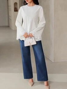 Veilorie Women's Elegant Frill Trim Waist-Cinching Blouse - White - View 8
