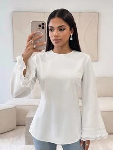 Veilorie Women's Elegant Frill Trim Waist-Cinching Blouse - White - View 1