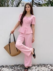 SHEIN 青少年女孩 2件/套夏季純色泡泡袖短版上衣與長褲套裝，休閒可愛 Katseye 風格，極簡穿搭，日常派對生日穿著，粉紅色 - 彩色 - 查看 4