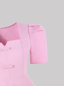 SHEIN 青少年女孩 2件/套夏季純色泡泡袖短版上衣與長褲套裝，休閒可愛 Katseye 風格，極簡穿搭，日常派對生日穿著，粉紅色 - 彩色 - 查看 7