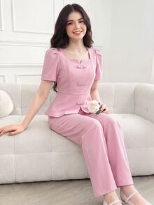SHEIN 青少年女孩 2件/套夏季純色泡泡袖短版上衣與長褲套裝，休閒可愛 Katseye 風格，極簡穿搭，日常派對生日穿著，粉紅色 - 彩色 - 查看 5