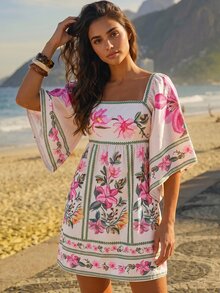CAJUNI Tropical Vacation Romantic Boho Print Flowers Short Dress Beach Green Pink Fall - Multicolor - View 6