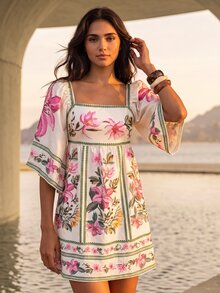 CAJUNI Tropical Vacation Romantic Boho Print Flowers Short Dress Beach Green Pink Fall - Multicolor - View 5