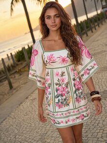 CAJUNI Tropical Vacation Romantic Boho Print Flowers Short Dress Beach Green Pink Fall - Multicolor - View 7