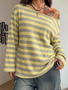 Coolane 女款秋冬休閒度假條紋拼接長袖T恤，早午餐穿搭女裝 - 彩色 - 查看 2