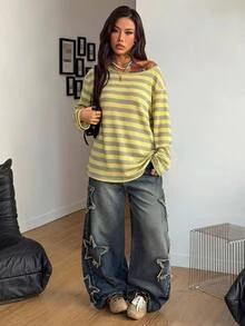 Coolane 女款秋冬休閒度假條紋拼接長袖T恤，早午餐穿搭女裝 - 彩色 - 查看 3