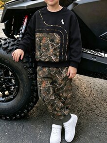 Tween Boys Casual Activewear Leaf Silhouette Crew Neck Sweatshirt Sweatpants 2 Pieces Set Fall Outdoor Sports Wear Jogging,Christmas Birthday - Multicolor - View 7