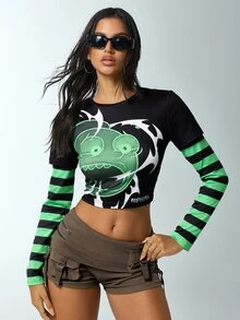 Rick and Morty X SHEIN Women's Hip Hop Cartoon Print Cropped Sexy T-Shirt - Black - View 1