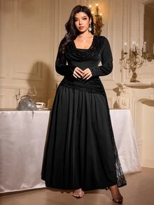 Reflora Plus Size Women's Solid Color Ruched Elegant Waist-Cinching Party Evening Formal Dinner Dress New Year Black Fall - Black - View 3