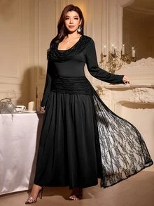 Reflora Plus Size Women's Solid Color Ruched Elegant Waist-Cinching Party Evening Formal Dinner Dress New Year Black Fall - Black - View 6