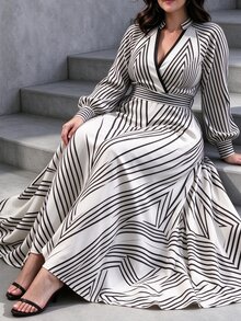 Linhara CURVE Plus Size Geometric Print Long Sleeve Dress - Multicolor - View 4