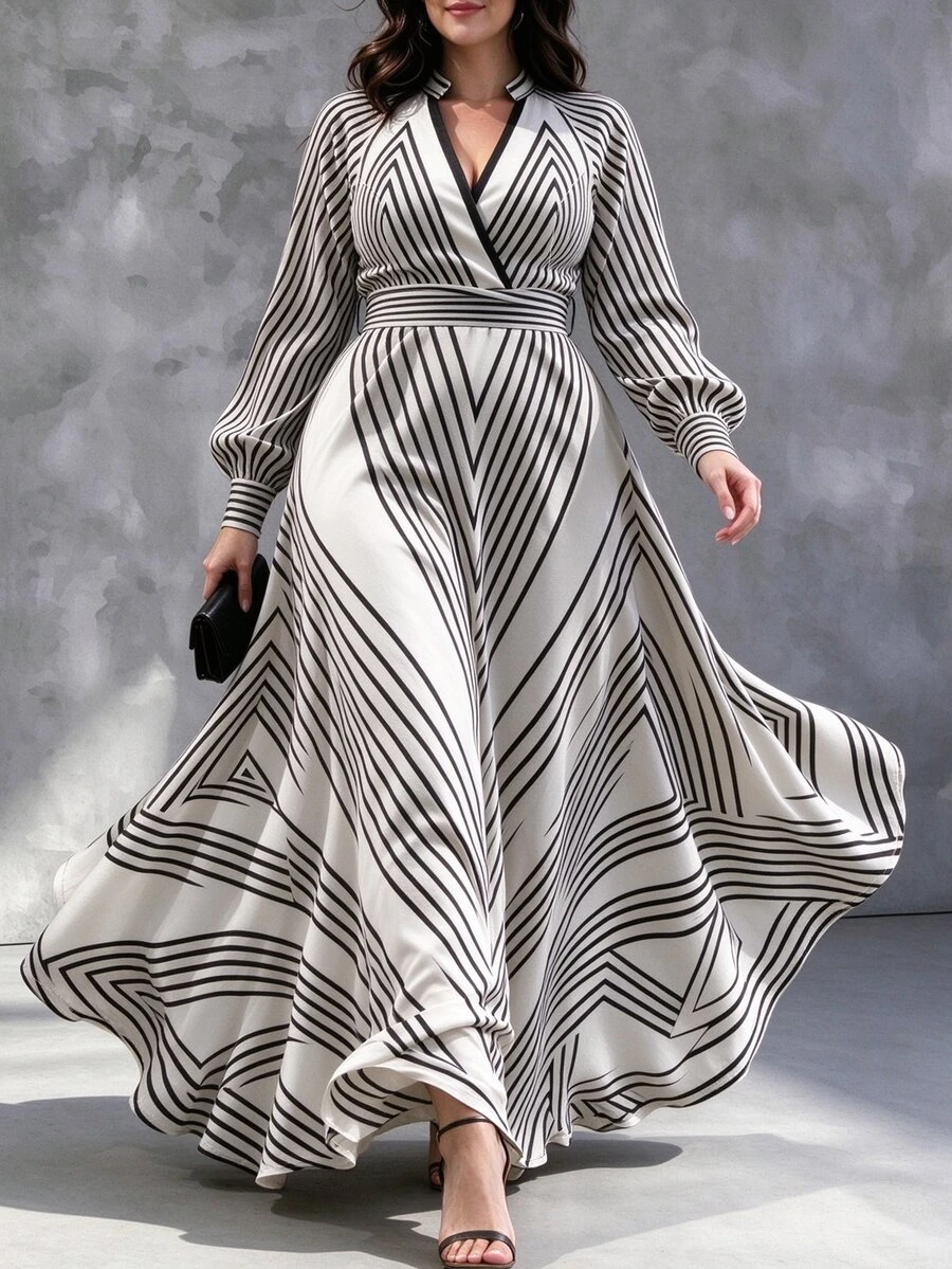 Linhara CURVE Plus Size Geometric Print Long Sleeve Dress - Multicolor - View 1